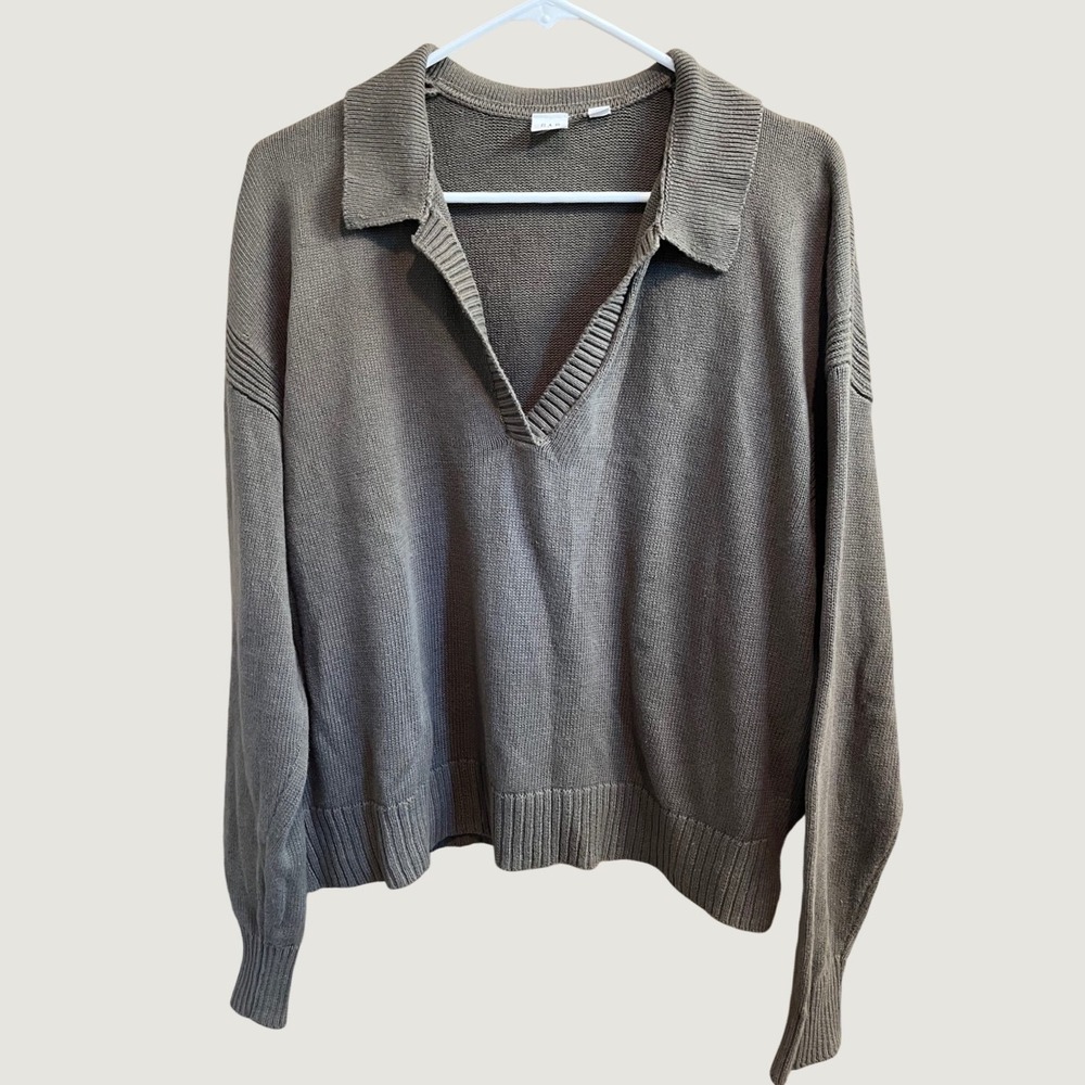 Gap Collar Sweater Womens Large Surplus Olive Brown V-Neck Relaxed Knit Cotton